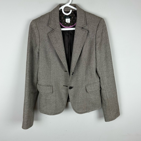 J. Crew 100% Wool Herringbone Blazer Leather Buttons sz 10 - Picture 1 of 7